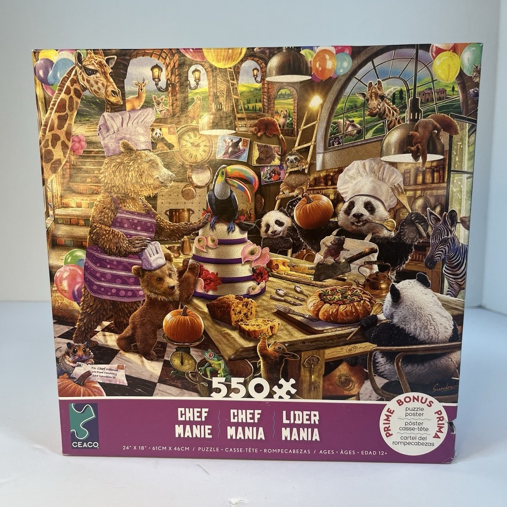 Ceaco 550 Piece Jigsaw Puzzle Chef Mania Panda Brown Bears Cooking in Kitchen